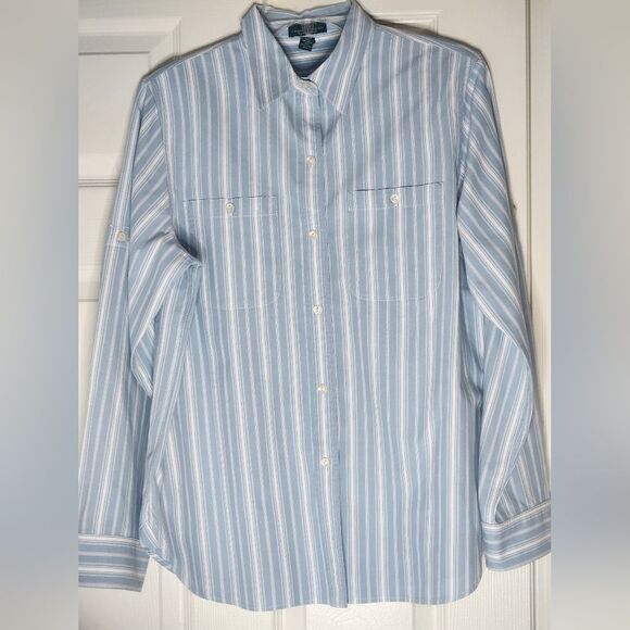 LaurenRalphLauren Jeans Co Denim Blue Striped LngTabSlve Buttons Up Women Shirt - Picture 2 of 7